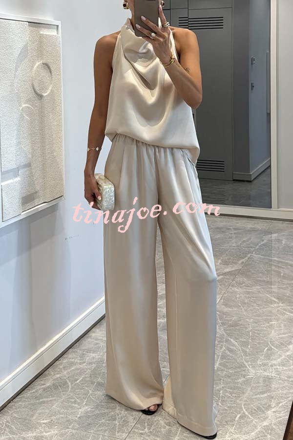 Classic on You Satin High Cowl Neck Top and Elastic Waist Pocket Loose Pants Set