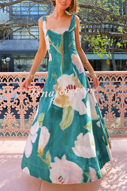 Floral Print Sleeveless Square Neck Big Hem Maxi Dress