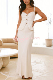Solid Color Halter Button-Down Top and Elegant Fitted Maxi Skirt Set