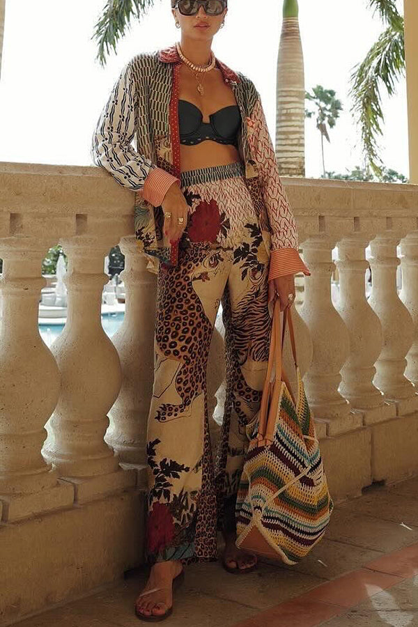 Tropical Jungle Tiger Unique Print Long Sleeve Loose Shirt and Elastic Waist Pants Set