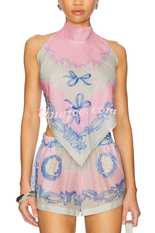 Amalfi Coast Satin Unique Print Scarf Top and Elastic Waist Pocket Loose Shorts Set
