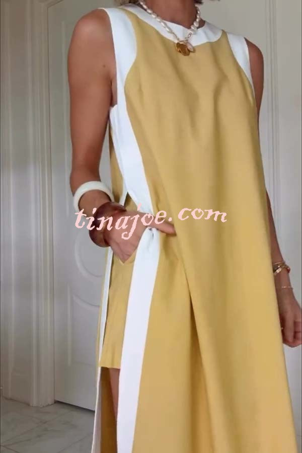Ellie Contrast Color Sleeveless Midi Top and Elastic Waist Pocket Shorts Set