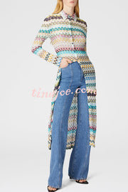 Anna Knit Colorful Herringbone Print Shirt Neck Button Long Sleeve Slim-fit Long Cardigan