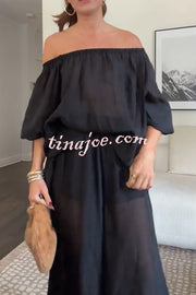Comfortable Area Chiffon Off Shoulder Balloon Sleeve Top and Elastic Waist Knotted Bloomer Set