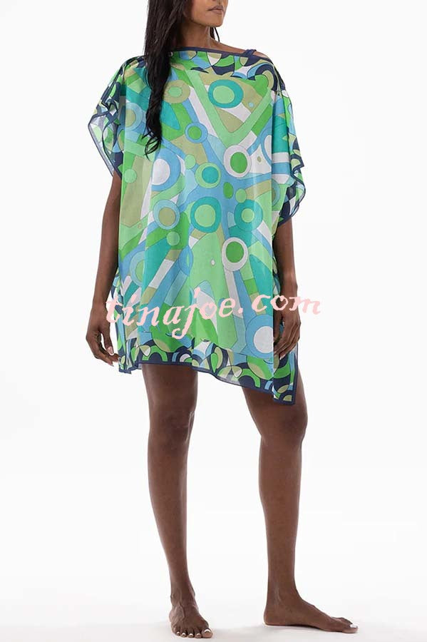 Colorful Circle Unique Print One Shoulder Button Detail Loose Cover-up Mini Dress