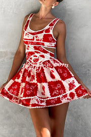 Holiday Colors Ric Rac Trims Unique Print Cutout Round Neck Mini Dress