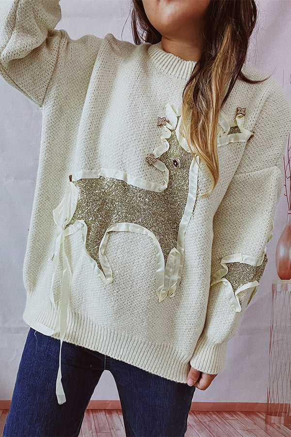 Christmas Pattern Knitted Crew Neck Long Sleeved Sweater