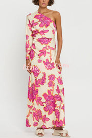 Rhia Satin Floral Print One Shoulder Flared Maxi Dress