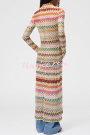 Anna Knit Colorful Herringbone Print Shirt Neck Button Long Sleeve Slim-fit Long Cardigan