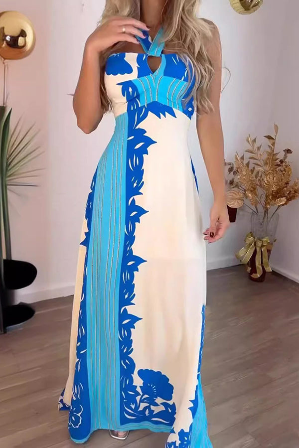 Unique Print Halter Neck Hollow Back Tie Maxi Dress