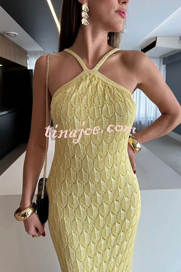 Solid Color Knitted Open Back Slim Slit Maxi Dress