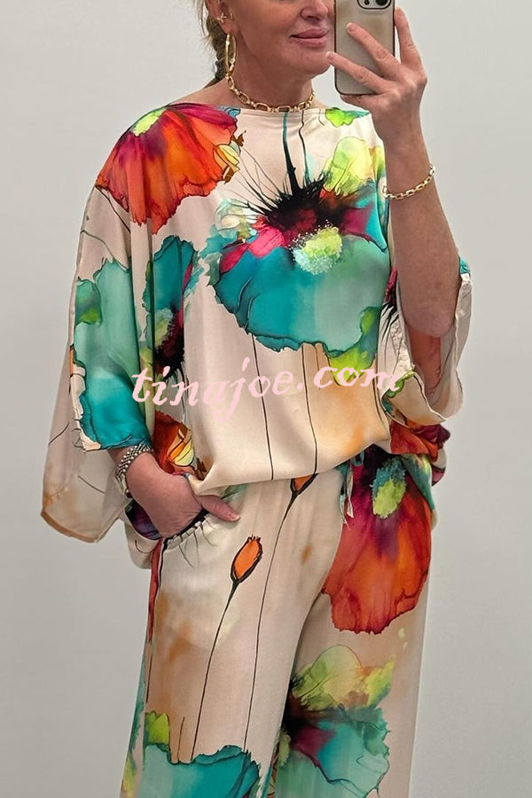 Satin Botanical Print Crew Neck Casual Top and Elastic Waist Loose Pocket Pants Set