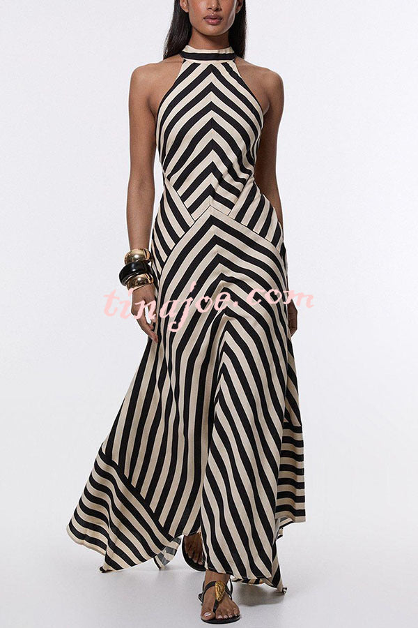 Modern Perfection Geometric Stripes Print Open Back Irregular Hem Maxi Dress