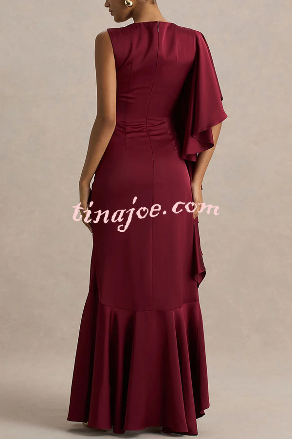 Freya Satin Boat Neck Waterfall Frill Sleeve Drape Maxi Dress