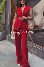 Keep It Classic V-neck Belted Vest and Mid Rise Pocket Wide Leg Pants Set