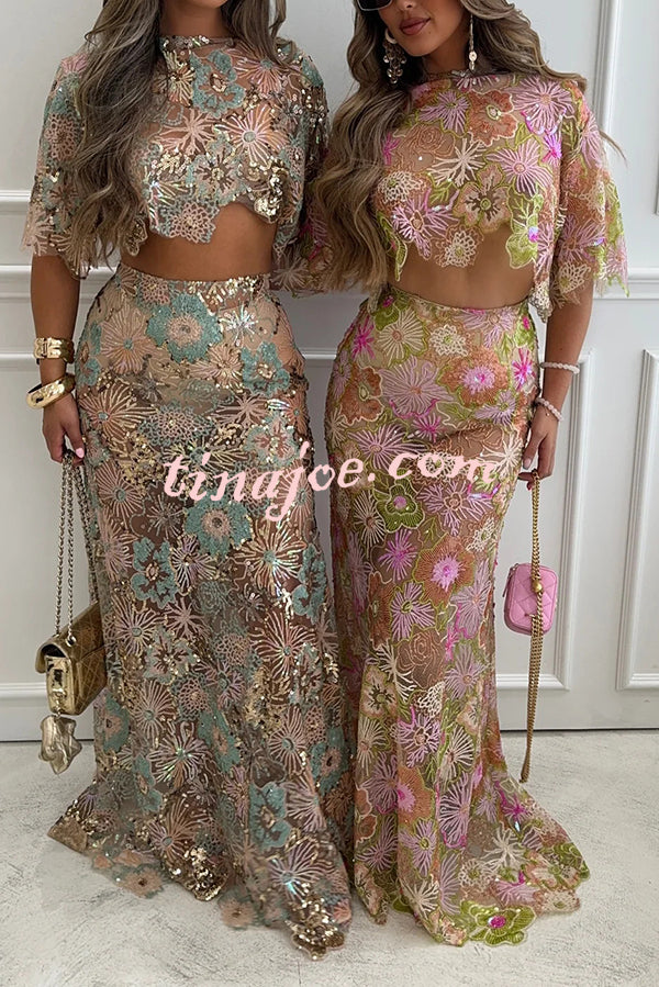 Fashionable Embroidered Flower Sequined Crop Top and Elegant Sheer Maxi Skirt Set