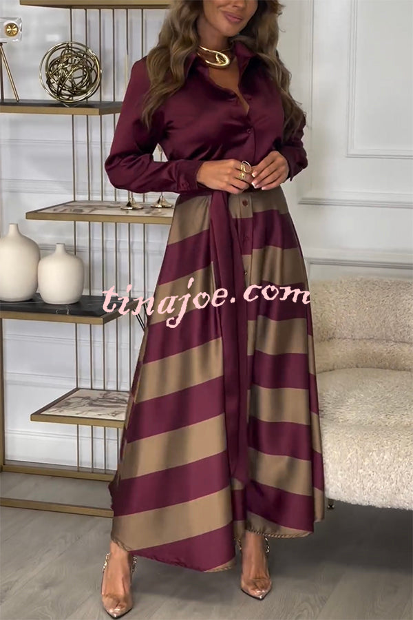 Lindsey Satin Colorblock Contrast Long Sleeve Belted Shirt Maxi Dress