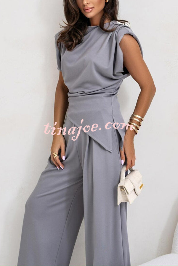 Jordy Ruched Shoulder Slit Top and Elastic Waist Pocketed Wide Leg Pants Set