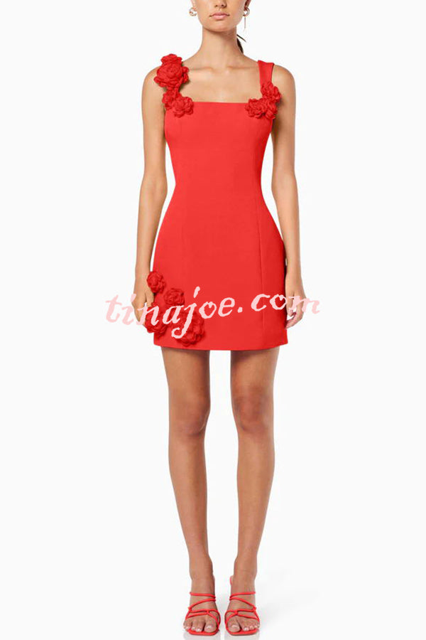 Crush on You Rose Applique Square Neck Wide Strap Mini Dress