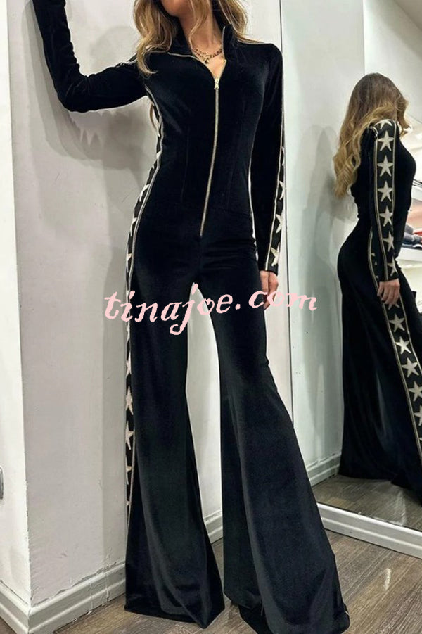 Star-print Velvet Patchwork Zipped Wide-leg Jumpsuit