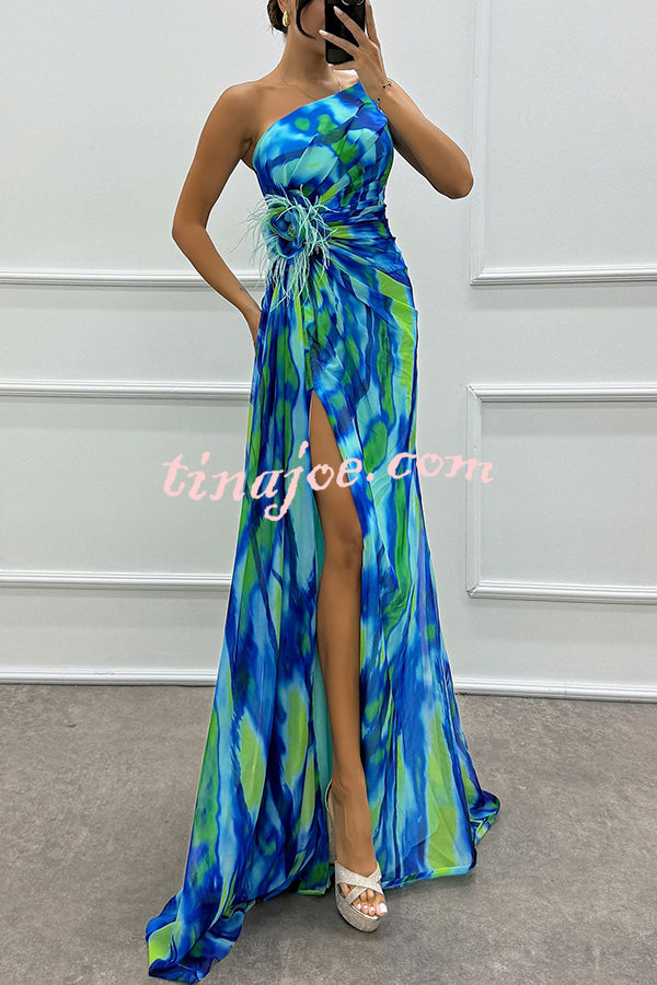 Amazing Views Watercolor Print Feather Rose Detail Off Shoulder Pleated Slit Maxi Dress