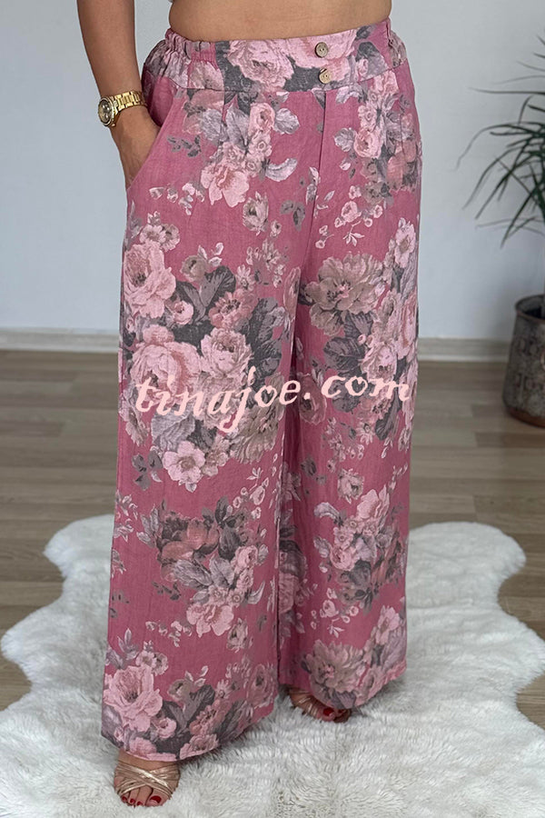 Linen Blend Crew Neck Long Sleeve Irregular Loose Top and Elastic Waist Floral Print Casual Pocket Set