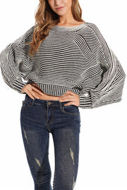 Knitted Striped Round Neck Dolman Sleeve Casual Loose Sweater