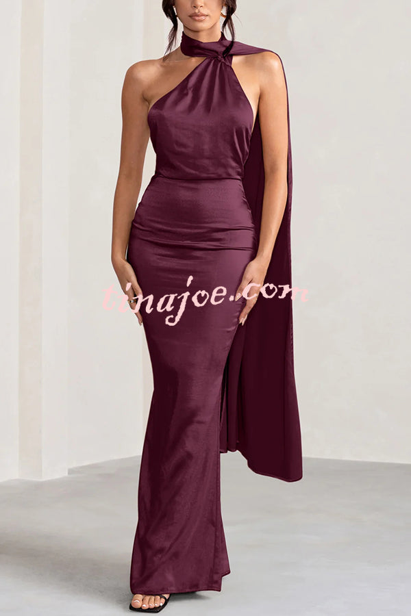 VIP Party Satin Asymmetric Scarf Neck Backless Maxi Dress