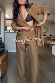 Bella Satin Drape Collar Single Button Casual Blazer and Elastic Waist Pocket Loose Pants Set