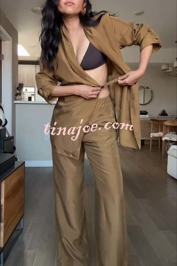 Bella Satin Drape Collar Single Button Casual Blazer and Elastic Waist Pocket Loose Pants Set