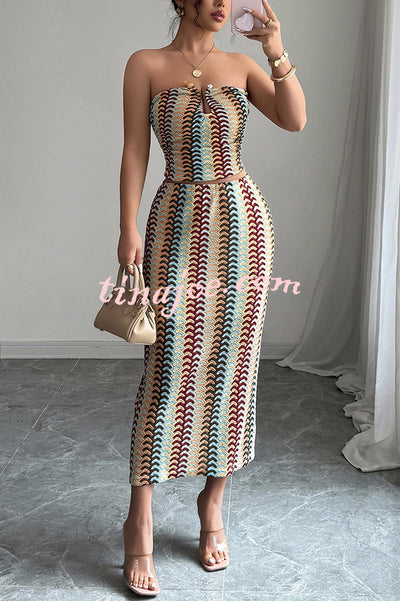Playful Colorful Knitted Sexy Tube Top and Elegant Back Slit Midi Skirt Set