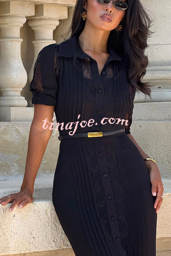 Lysette Lace Trim Pleated Button Up Short Sleeve Shirt Midi Dress