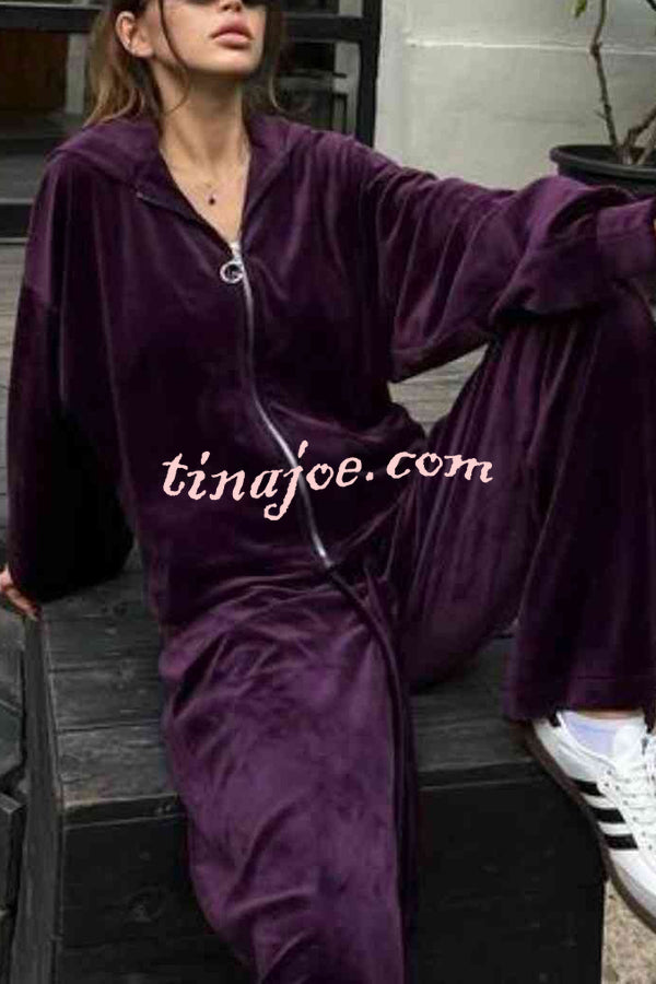 Velvet Casual Zip-up Hooded Top and Elastic Waist Wide Leg Pants Set