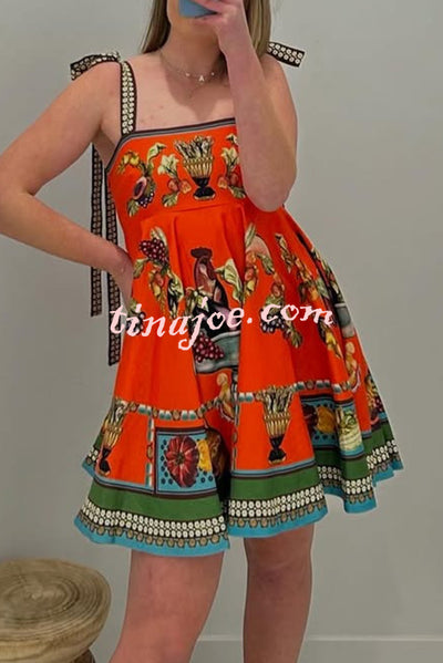 Linen Blend Unique Print Suspender Tie Casual Mini Dress