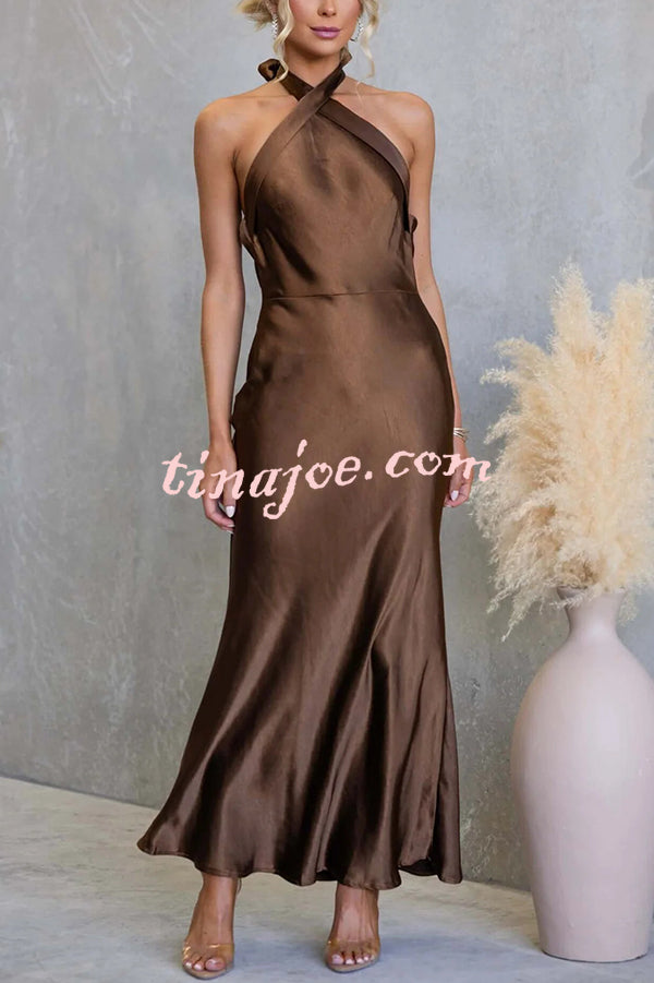Satin Fashion Halter Backless Slim Elegant Maxi Dress