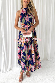 Delicate Floral Print Halterneck Lace Up Pleated Maxi Dress