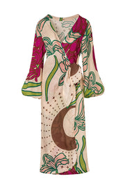 Tracey Linen Blend Unique Print Balloon Sleeve Tie-up Tunic Maxi Dress