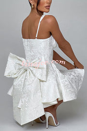 Jacquard Fabric Halter Back Elegant Bow Slim Fit Mini Dress