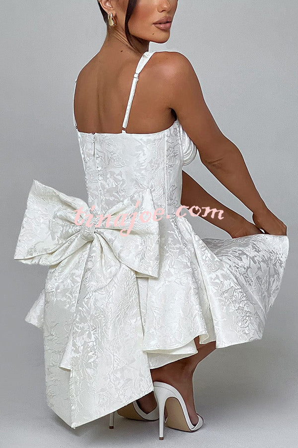 Jacquard Fabric Halter Back Elegant Bow Slim Fit Mini Dress