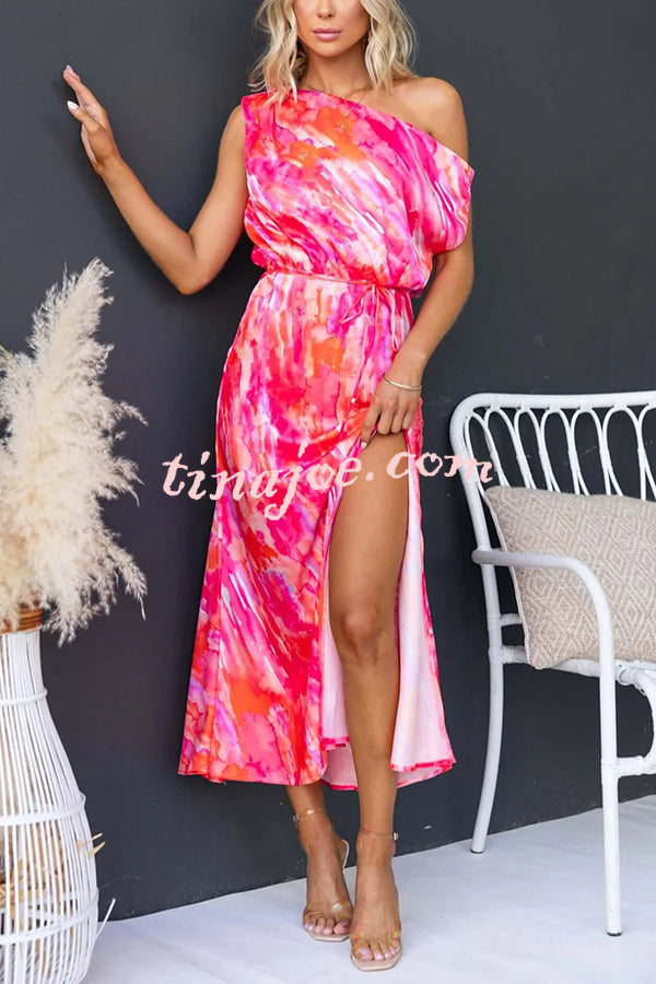 Satin Unique Print One Shoulder Tie Waist Slit Maxi Dress