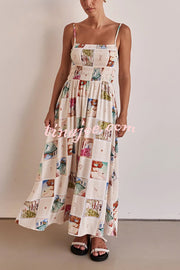 Unique Printed Sling Backless Elastic Pleated Maxi Dress