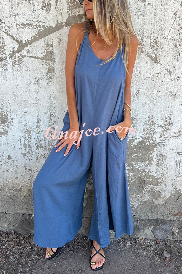 Linen Blend Solid Color Suspenders Loose Pockets Casual Wide-leg Jumpsuit