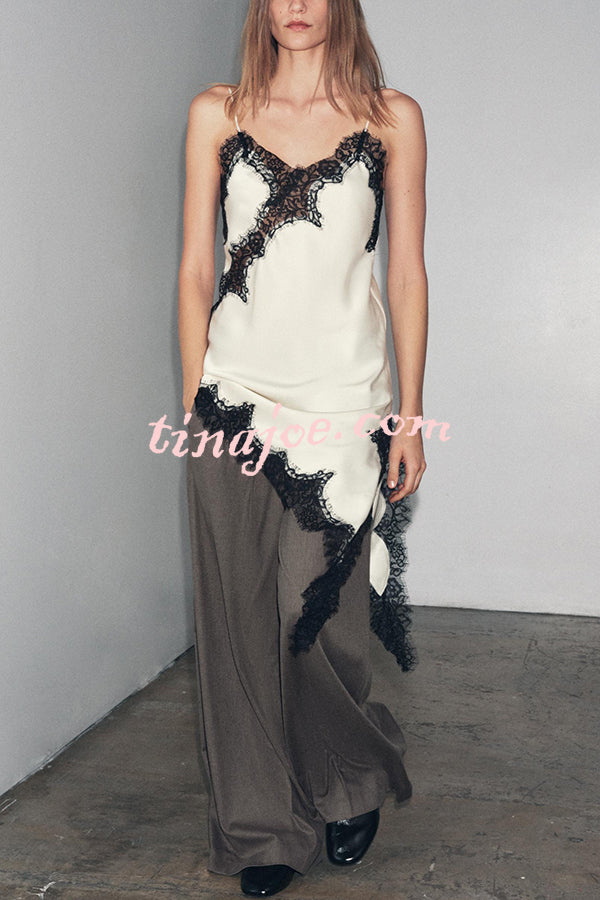 Satin Lace Trim V-neck Asymmetrical Hem Slip Mini Dress