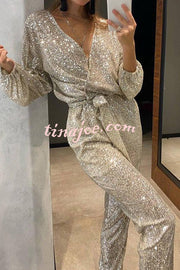 Cheers To You Sequin Long Sleeve Belted Wrap Loose Jumpsuit