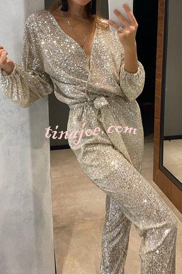 Cheers To You Sequin Long Sleeve Belted Wrap Loose Jumpsuit