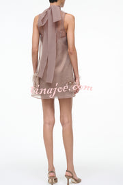 Playful Charm Sheer Chiffon Embellished Feather Back Bow H-line Mini Dress