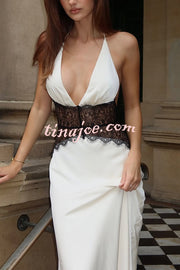 Seductive Details Satin Lace Waist Halter Tie-up Backless Maxi Dress