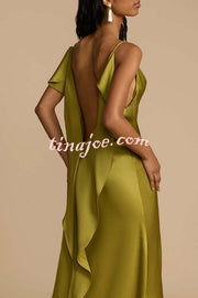 Evening Date Satin Cowl Neck Drape Ruffle Backless Bias Cut Party Maxi Dress