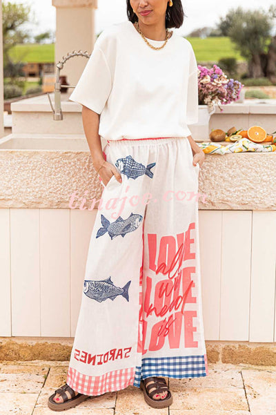 Unique Printed Elastic Waist Pocket Vacation Casual Wide Leg Pants