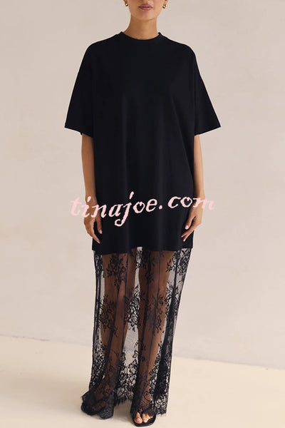 Ophelia Short Sleeve Sheer Floral Lace Hem Oversized T-shirt Maxi Dress